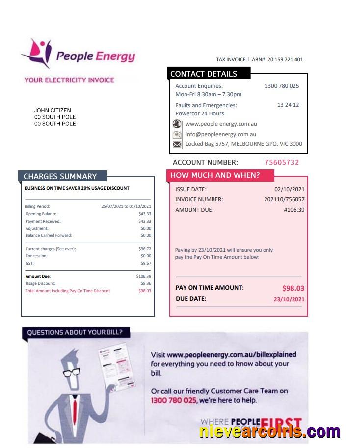 Australia People Energy electricity utility bill